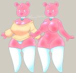  absurd_res anthro areola bear big_breasts blue_clothing blue_panties blue_underwear bottomwear breasts choomi_(paeonypetals) clothing collar empty_eyes eyelashes featureless_feet female food food_creature front_view genitals grey_background head_tuft hi_res legwear mammal nipples paeonypetals panties pattern_bottomwear pattern_clothing pattern_panties pattern_underwear pink_areola pink_body pink_nipples pussy simple_background skindentation solo striped_bottomwear striped_clothing striped_panties striped_underwear stripes thick_thighs thigh_highs topwear tuft underwear white_clothing white_eyes white_legwear white_panties white_thigh_highs white_underwear wide_hips yellow_clothing yellow_topwear 