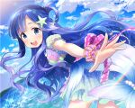  1girl asari_nanami blue21 blue_eyes blush dress frills gem hair_ornament idolmaster idolmaster_cinderella_girls idolmaster_cinderella_girls_starlight_stage long_hair looking_back open_mouth parted_hair pearl_(gemstone) reaching sky solo starfish_hair_ornament very_long_hair water wristband 