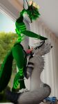  3d_(artwork) 9:16 absurd_res anthro canid canine crown digital_media_(artwork) duo fellatio fox green_body green_eyes green_hair hair headgear hi_res horn jewelry king knot male male/male mammal necklace neon_green oral penile raishin rexouium royalty sex spikes yanibutspicy 
