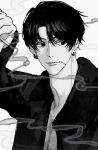  1boy black_coat black_hair chainsaw_man cigarette coat ear_piercing earrings greyscale hand_up highres hoop_earrings jewelry kishibe_(chainsaw_man) kishibe_(young)_(chainsaw_man) light_smile looking_to_the_side male_focus monochrome open_clothes piercing short_hair simple_background smile smoke solo sso_s stitched_face stitches upper_body 
