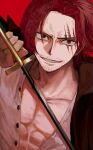  1boy abs absurdres facial_hair grin highres holding holding_sword holding_weapon looking_at_viewer male_focus mature_male one_piece red_hair scar scar_across_eye shanks_(one_piece) short_hair smile solo stubble sword toned toned_male upper_body weapon yadu_nadu 