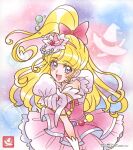  1girl asahina_mirai blonde_hair bow cure_miracle gloves hair_bow half_updo hat highres long_hair magical_girl mahou_girls_precure! mini_hat mini_witch_hat official_art open_mouth pink_bow pink_headwear precure puffy_sleeves purple_eyes smile solo third-party_source white_gloves witch_hat 