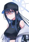  1girl bare_shoulders baseball_cap black_headwear black_shirt blue_archive blue_eyes blue_hair breasts coat commentary_request crop_top hat highres large_breasts long_hair looking_at_viewer midriff off_shoulder saori_(blue_archive) shirt simple_background sleeveless sleeveless_shirt smile solo upper_body white_background white_coat yamichi_(yamichi8369) 
