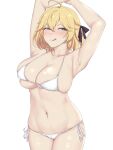  1girl ahoge anisphia_wynn_palettia armpits arms_up bangs bikini black_ribbon blonde_hair blush breasts collarbone green_eyes hair_between_eyes hair_ribbon highres large_breasts licking_lips long_bangs looking_at_viewer malzelautomata micro_bikini naughty_face navel ribbon short_hair side-tie_bikini_bottom skindentation smile solo string_bikini swimsuit tensei_oujo_to_tensai_reijou_no_mahou_kakumei tongue tongue_out white_background white_bikini 