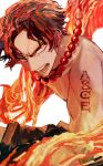  1boy absurdres bead_necklace beads fighting_stance fire flaming_hand highres jewelry looking_at_viewer male_focus necklace one_piece portgas_d._ace short_hair solo topless_male upper_body yadu_nadu 