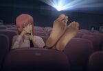  1girl barefoot black_necktie blurry blurry_background chainsaw_man chair crossed_legs feet feet_up finger_to_mouth highres kusujinn makima_(chainsaw_man) movie_theater necktie red_hair shushing sitting solo_focus toes yellow_eyes 
