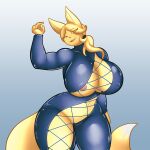  1:1 areola asian_mythology big_breasts blonde_hair blue_clothing breasts canid canine clothing east_asian_mythology female fox gradient_background hair hi_res huge_breasts japanese_mythology lunis_nightwind mammal meme meme_clothing mythology nipples simple_background string_jumpsuit suit yellow_body yokai 