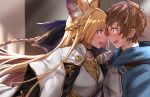  1boy 1girl :d animal_ears armor blonde_hair blue_hoodie blush braid breastplate brown_hair erune face-to-face forehead-to-forehead gran_(granblue_fantasy) granblue_fantasy heads_together hood hoodie lefthand long_hair short_hair smile yuisis_(granblue_fantasy) 