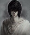  1boy bags_under_eyes bangs black_eyes black_hair closed_mouth death_note hair_between_eyes highres l_(death_note) male_focus messy_hair monochrome pale_skin shirt short_hair simple_background solo sso_s teardrop upper_body white_shirt 