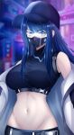  1girl bare_shoulders baseball_cap black_shirt blue_archive blue_eyes blue_hair blue_headwear breasts coat commentary crop_top faihara hat highres large_breasts long_hair looking_at_viewer mask midriff mouth_mask navel off_shoulder open_clothes open_coat saori_(blue_archive) shirt solo stomach upper_body white_coat 