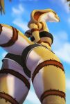  5_fingers anthro bottomwear breasts claws clothed clothing detailed_background eyewear female fingers fora glasses hi_res lynncore rear_view reptile scales scalie snake snake_hood solo stripes tail thick_tail white_body white_scales yellow_body yellow_scales 