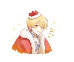  1boy bangs blonde_hair buttons cape collared_shirt commentary_request frilled_shirt_collar frills fur_trim hair_between_eyes hane_k2 hat male_focus orange_eyes project_sekai red_cape shirt short_hair smile solo star_(symbol) teeth tenma_tsukasa upper_body white_background 