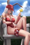  1girl absurdres animal_ears azur_lane bangs bare_shoulders baseball_cap blue_sky breasts cleavage collarbone eko.art fake_animal_ears food hat highleg highleg_swimsuit highres large_breasts lifeguard lifeguard_chair long_hair looking_at_viewer manjuu_(azur_lane) one-piece_swimsuit popsicle prinz_heinrich_(azur_lane) prinz_heinrich_(rabbit_on_watch)_(azur_lane) rabbit_ears red_eyes red_headwear red_one-piece_swimsuit sitting sky smile solo swimsuit thigh_pouch thighs very_long_hair whistle whistle_around_neck white_hair 