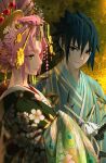  black_eyes black_hair closed_mouth facial_mark forehead_mark green_eyes hair_between_eyes hair_ornament haori haruno_sakura highres japanese_clothes katana kimono lilithbloody long_sleeves looking_at_viewer naruto_(series) naruto_shippuuden peacock_print pink_hair pink_lips print_kimono sheath sheathed short_hair smile spiked_hair sword uchiha_sasuke weapon wide_sleeves 