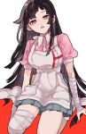  1girl apron bandaged_arm bandages bangs black_hair blush breasts danganronpa_(series) danganronpa_2:_goodbye_despair grey_apron highres large_breasts long_hair looking_at_viewer mole mole_under_eye open_mouth pink_eyes pink_shirt pleated_skirt puffy_short_sleeves puffy_sleeves red_background shirt shoes short_sleeves skirt smile solo teeth tsumiki_mikan upper_teeth_only white_background yumaaaaa0125 
