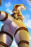  5_fingers anthro anus breasts claws clothing detailed_background eyewear female fingers fora genitals glasses hi_res lynncore nipples pussy rear_view reptile scales scalie snake snake_hood solo stripes tail thick_tail white_body white_scales yellow_body yellow_scales 