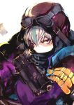  1boy agulo bodysuit dohna_dohna_issho_ni_warui_koto_o_shiyou glaring gloves goggles goggles_on_head grey_hair gun handgun highres holding holding_gun holding_weapon hood kuma_(dohna_dohna) looking_at_viewer multicolored_hair red_eyes shaded_face simple_background solo streaked_hair weapon white_background 