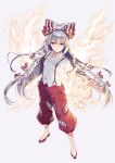  1girl baggy_pants bow closed_mouth collared_shirt fire frown fujiwara_no_mokou grey_hair hair_bow hand_in_pocket highres hiiragi_akio long_hair looking_at_viewer official_art ofuda ofuda_on_clothes pants red_bow red_eyes red_footwear red_pants shirt shoes solo split_mouth suspenders third-party_source torn_clothes torn_sleeves touhou two-tone_bow very_long_hair white_bow white_shirt wing_collar 
