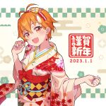  1girl bang_dream! bangs blush bow dangle_earrings dated earrings fang hair_behind_ear happy_new_year highres japanese_clothes jewelry kimono kitazawa_hagumi nail_polish obi open_mouth orange_eyes orange_hair purple_nails red_bow sash short_hair skin_fang smile solo tassel upper_body yazawa_happyaro yukata 