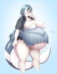  animal_humanoid belly big_belly big_breasts big_tail blue_hair blush breasts cakecatboy cetacean cetacean_humanoid clothing dialogue eyes_closed female hair huge_breasts humanoid mammal marine marine_humanoid multicolored_hair navel obese obese_female obese_humanoid overweight overweight_female overweight_humanoid sereia_(cowszers) simple_background solo standing tail text thick_thighs thought_bubble 