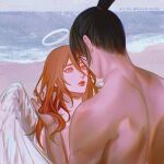  2boys angel angel_devil_(chainsaw_man) angel_wings bangs beach black_hair chainsaw_man closed_mouth ear_piercing eyelashes facing_another hair_between_eyes halo hand_up hayakawa_aki lips long_hair looking_at_another male_focus multiple_boys nude pastellish piercing red_eyes red_hair red_lips short_hair topknot topless_male upper_body waves white_wings wings 