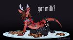  16:9 2023 all_fours anthro bell bell_collar biped black_background black_clothing black_legwear black_thigh_highs blep breasts brown_hair christmas_lights clothing collar cookie digital_media_(artwork) english_text fake_antlers female food hair hi_res hooves kneeling kobold legwear long_hair melthecannibal nipples pentagram red_body simple_background solo text thigh_highs tongue tongue_out widescreen 