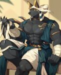  2023 abs absurd_res anthro anubian_jackal arm_wraps armlet canid canine canis clothed clothing detailed_background digital_drawing_(artwork) digital_media_(artwork) egyptian egyptian_clothing hi_res jackal jewelry male mammal muscular muscular_anthro muscular_male partially_clothed pecs shendyt solo wraps yed yellow_eyes 