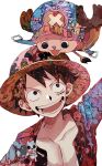  2boys absurdres alternate_costume happy highres looking_at_viewer male_focus monkey_d._luffy multiple_boys one_piece open_clothes open_shirt patterned_clothing short_hair smile stitches tony_tony_chopper upper_body yadu_nadu 