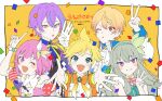  2girls 3boys :d ascot bead_bracelet beads blonde_hair blue_eyes blush blush_stickers bow bowtie bracelet commentary confetti gloves gradient_bowtie green_hair green_hairband green_vest hairband highres index_finger_raised jewelry kagamine_len kamishiro_rui kusanagi_nene looking_at_viewer middle_w multiple_boys multiple_girls neck_ribbon one_eye_closed ootori_emu open_mouth orange_bow orange_bowtie outside_border outstretched_arms pink_bow pink_bowtie project_sekai purple_eyes purple_hair ribbon ryou_(rl) smile song_name telecaster_b-boy_(vocaloid) tenma_tsukasa upper_body v vest vocaloid w white_ascot white_gloves wonderlands_x_showtime_(project_sekai) yellow_background yellow_eyes yellow_ribbon 