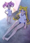  2girls bangs barefoot bishoujo_senshi_sailor_moon blonde_hair blue_buruma blue_eyes buruma chibi_usa commentary_request cone_hair_bun double_bun gym_shirt gym_uniform hair_bun hand_on_hip highres himewachi long_hair looking_at_viewer multiple_girls parted_bangs pink_hair red_eyes shirt sitting standing t-shirt tsukino_usagi twintails white_shirt 