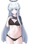  1girl absurdres ass_visible_through_thighs black_bra black_panties black_shirt blue_archive bra breasts closed_mouth clothes_lift cowboy_shot grey_hair halo highres hrna large_breasts lifted_by_self long_hair looking_at_viewer navel noa_(blue_archive) panties purple_eyes shirt shirt_lift short_sleeves simple_background smile solo underwear very_long_hair white_background 