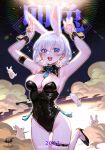  1girl :d animal animal_ears armpits arms_up ass_visible_through_thighs bangs black_footwear blush breasts bulge cleavage detached_collar earrings hetero highres jewelry looking_at_viewer open_mouth original playboy_bunny rabbit rabbit_ears short_hair sky smile solo star_(sky) starry_sky teeth v w white_hair wolksheep wrist_cuffs 