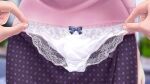  1girl 1other ambiguous_gender blurry blurry_background bow bow_panties highres holding holding_clothes holding_panties holding_underwear lace-trimmed_panties lace_trim lower_body original panties purple_skirt skirt underwear v-mag white_panties 