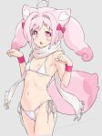 1girl ahoge animal_ears arms_up bikini blush_stickers bow breasts character_request copyright_request fox_ears fox_tail grey_background groin hair_bow hair_intakes highres kazuma_muramasa long_hair navel open_mouth paw_pose pink_hair ribbon scarf side-tie_bikini_bottom simple_background small_breasts solo swimsuit tail thighs twintails white_bikini white_scarf wristband 