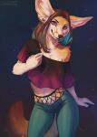  2022 anthro big_ears black_claws blue_bottomwear blue_clothing blue_hair blue_pants bottomwear brown_body brown_eyes brown_fur brown_hair brown_nose canid canine claws clothed clothing dated digital_media_(artwork) ear_piercing female fennec finger_claws fox front_view fur gauged_ear glistening glistening_eyes gradient_topwear hair hi_res humanoid_hands inner_ear_fluff looking_at_viewer lostgoose mammal mouth_closed multicolored_hair navel orange_body orange_fur pants piercing portrait red_clothing red_topwear shoulder_tuft signature simple_background solo standing tail three-quarter_portrait topwear tuft two_tone_hair whiskers white_body white_fur white_inner_ear_fluff 