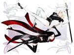  2others androgynous belt black_gloves black_hair black_shirt black_thighhighs bob_cut bort collared_shirt colored_eyelashes colored_inner_hair colored_skin crystal_hair diamond_(houseki_no_kuni) elbow_gloves floating_hair gem_uniform_(houseki_no_kuni) gloves gradient_hair high_heels highres holding holding_sword holding_weapon houseki_no_kuni knee_up loafers long_hair looking_at_viewer multicolored_hair multiple_others necktie other_focus puffy_short_sleeves puffy_sleeves red_hair shirt shoes short_hair short_jumpsuit short_shorts short_sleeves shorts straight_hair sword thighhighs very_long_hair vivaclap weapon white_belt white_gloves white_shirt white_skin white_thighhighs zettai_ryouiki 