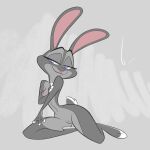  2023 anthro birchly breasts disney female full-length_portrait fur genitals grey_background grey_body grey_fur hi_res judy_hopps lagomorph leporid long_ears mammal nipples nude nude_anthro nude_female portrait pose purple_eyes pussy rabbit simple_background smile smirk solo zootopia 