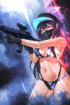  1girl absurdres bare_arms bare_shoulders baseball_cap belt bikini black_belt black_gloves black_hair black_headwear black_pants blue_archive blue_eyes breasts colycycle commentary cowboy_shot gloves gun hat highres holding holding_gun holding_weapon large_breasts long_hair mask mouth_mask navel pants pubic_hair rifle saori_(blue_archive) solo standing stomach swimsuit thighs very_long_hair weapon 