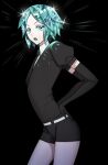  1other :o absurdres androgynous aoringo1875 aqua_eyes aqua_hair arched_back arms_behind_back bangs belt black_background black_gloves black_shirt collared_shirt colored_eyelashes contrapposto cropped_legs crystal_hair elbow_gloves from_side frown gem gem_uniform_(houseki_no_kuni) glint gloves glowing glowing_hair groin hand_on_back hand_on_hip highres houseki_no_kuni looking_at_viewer looking_to_the_side necktie open_mouth other_focus out_of_frame parted_bangs phosphophyllite puffy_short_sleeves puffy_sleeves shirt short_hair short_jumpsuit short_shorts short_sleeves shorts simple_background solo sparkle thighs white_belt white_shirt 