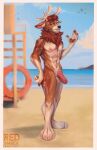  absurd_res anthro avian beach bird clothing corvid deer digital_media_(artwork) erection foreskin full-length_portrait fur genitals hi_res horn lifeguard looking_at_viewer male mammal multicolored_body multicolored_fur nipples nude orange_eyes oscine outside passerine penis portrait reds redsmock sand seaside simple_background sky smile solo solo_focus swimwear two_tone_body two_tone_fur water wet wet_body 