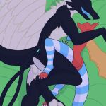  1:1 abzollozdol abzollozdol_(character) anthro armwear balls bed clothing cuddling dragon duo fur furniture furred_dragon genitals girly hi_res legwear male male/male msi msi_dragon_lucky on_bed pattern_armwear pattern_clothing pattern_legwear sleeping tail wings 