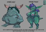  2022 big_breasts big_ears blue_body blue_skin breasts curvy_figure duo english_text female goblin green_body green_hair green_skin grey_background hair horn humanoid humanoid_pointy_ears male nipples not_furry nude pornomagnum purple_hair sexual_dimorphism short_stack simple_background text thick_thighs 