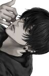  1boy bangs black_eyes black_hair black_shirt chainsaw_man closed_mouth ear_piercing earrings hand_up highres hoop_earrings jewelry looking_at_viewer male_focus mole mole_under_mouth multiple_piercings piercing shirt short_hair simple_background solo sso_s white_background yoshida_hirofumi 