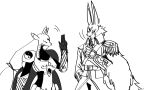  5:3 animal_humanoid armor bandai_namco canid canid_humanoid canine canine_humanoid diarbbitmon digimon digimon_(species) digimon_ghost_game duo female fox_humanoid hair headgear helmet hi_res humanoid lagomorph lagomorph_humanoid leporid_humanoid long_ears long_hair male mammal mammal_humanoid monochrome rabbit_humanoid sakuyamon 