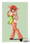  2023 activision anthro breasts brown_body brown_fur butt cleavage clothed clothing deer dress elora embarrassed faun_(spyro) female full-length_portrait fur green_clothing green_dress hair hi_res hooves looking_down mammal mrbuttonboi portrait red_hair solo spyro_the_dragon standing 