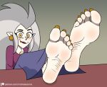  5_toes barefoot clothing disney eda_clawthorne feet female hi_res humanoid humanoid_pointy_ears looking_at_viewer mammal mrchasecomix not_furry pajamas soles the_owl_house toes witch_(the_owl_house) 