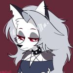  1:1 2023 alyachan13 anthro black_collar black_nose canid canid_demon canine canis clothing collar demon digital_drawing_(artwork) digital_media_(artwork) female fur grey_body grey_fur grey_hair hair hellhound helluva_boss hi_res loona_(helluva_boss) mammal multicolored_body multicolored_fur red_background red_sclera simple_background solo spiked_collar spikes white_body white_eyes white_fur wolf 