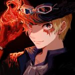  1boy adjusting_clothes adjusting_headwear ascot blonde_hair collared_shirt fire gloves hat highres looking_at_viewer male_focus one_piece patterned_clothing sabo_(one_piece) scar scar_across_eye shirt short_hair smile solo upper_body yadu_nadu 