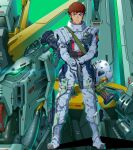  1boy absurdres ammunition_pouch amuro_ray black_eyes blue_footwear boots brown_hair char&#039;s_counterattack green_eyes gun gundam handgun headwear_removed helmet helmet_removed highres holding holding_gun holding_weapon jazz_kawa_sodom looking_at_viewer mecha mobile_suit nu_gundam pouch robot rocket_launcher short_hair solo_focus straight-on v-fin v-shaped_eyebrows weapon weapon_on_back 