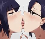  2girls audio_jack blue_hair blush boku_no_hero_academia drooling ear_blush eye_contact french_kiss glasses half-closed_eyes heart highres incest jirou_kyouka jirou_mika karmaniac kiss long_earlobes looking_at_another mother_and_daughter multiple_girls open_mouth saliva semi-rimless_eyewear short_hair simple_background tongue tongue_out upper_body yuri 